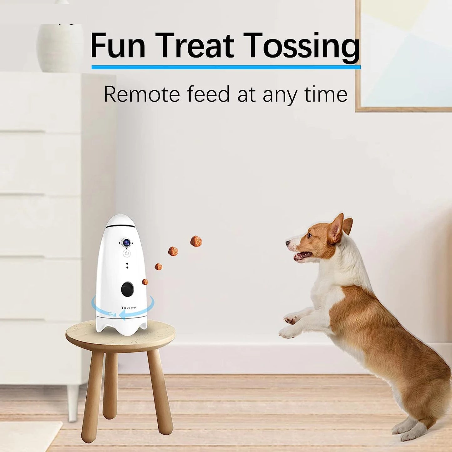 Dispenser Cane Gatto Rotazione APP Wi-Fi Telecamera Snack Design Innovativo Animali Domestici