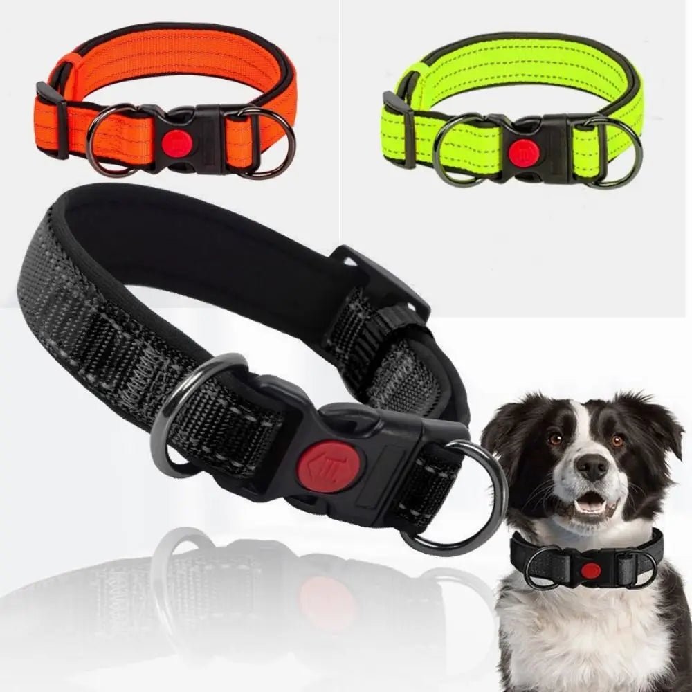 Collare Cani Imbottito Riflettente Nylon Sicurezza Doppio Anello Resistente Regolabile - PELOSAMICI