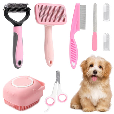 Dog Grooming Set 8 Pieces Cleaning Hygiene Comb Nail Clippers Files Brush Shampoo Wellbeing for Pets 